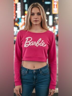 NWT- Small  Fuzzy Barbie Letter Logo Crop Sweatshirt Pink Women's Top